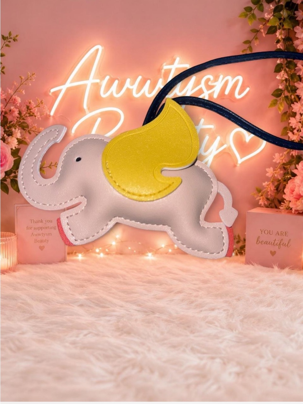 Elephant Keychain or Bagcharm in Light Pink with Yellow Accent- NEW